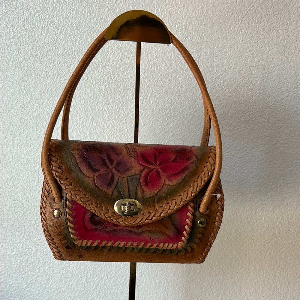 Floral Leather Handbag - Brown and Pink